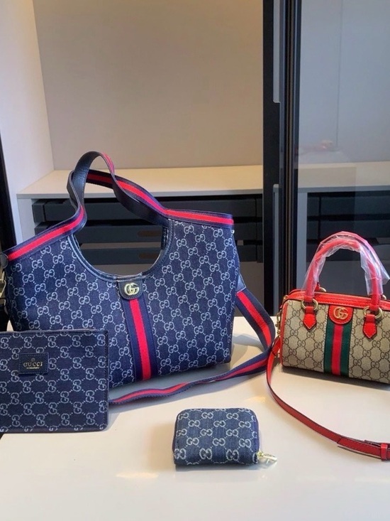 Navy GG Canvas Shoulder Bag Set with Red and Blue Web Stripe